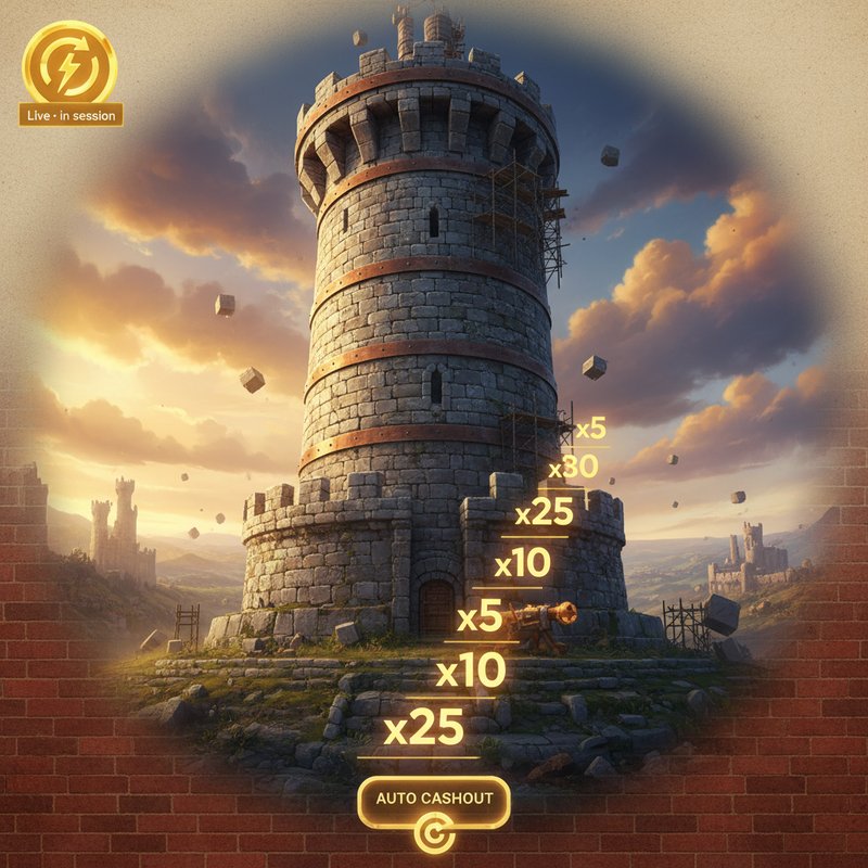 Tower Rush slot game by Galaxsys showing medieval stone tower building mechanics with multiplier crash gameplay and auto cashout features